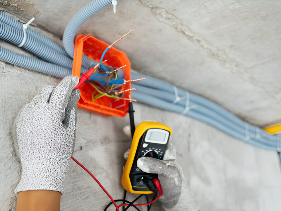 Elektryk z Eldaro pracuje przy kablach